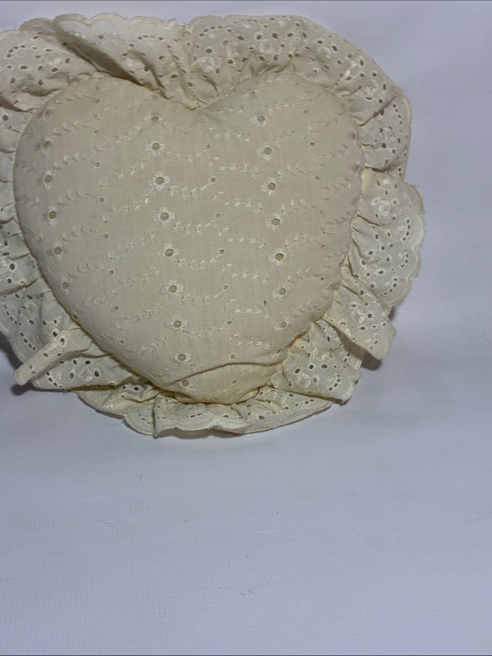 Heart-Shaped Eyelet Ruffle Pillow in Cream